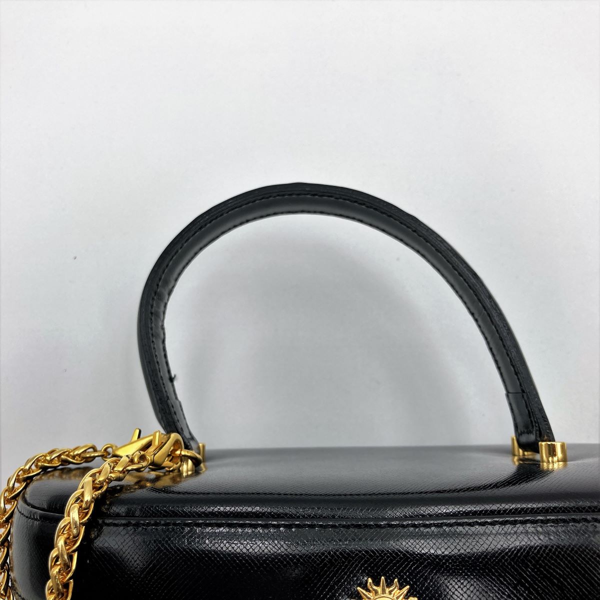 Beautiful VERSACE Vanity Bag, Makeup Case, Cosmetics, Black Leather with Gold Charm, Women's Fashion Accessory PRE-OWNED