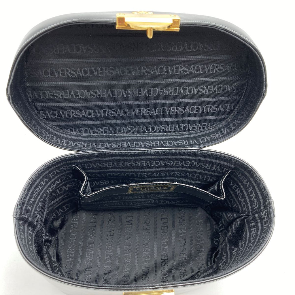 Beautiful VERSACE Vanity Bag, Makeup Case, Cosmetics, Black Leather with Gold Charm, Women's Fashion Accessory PRE-OWNED