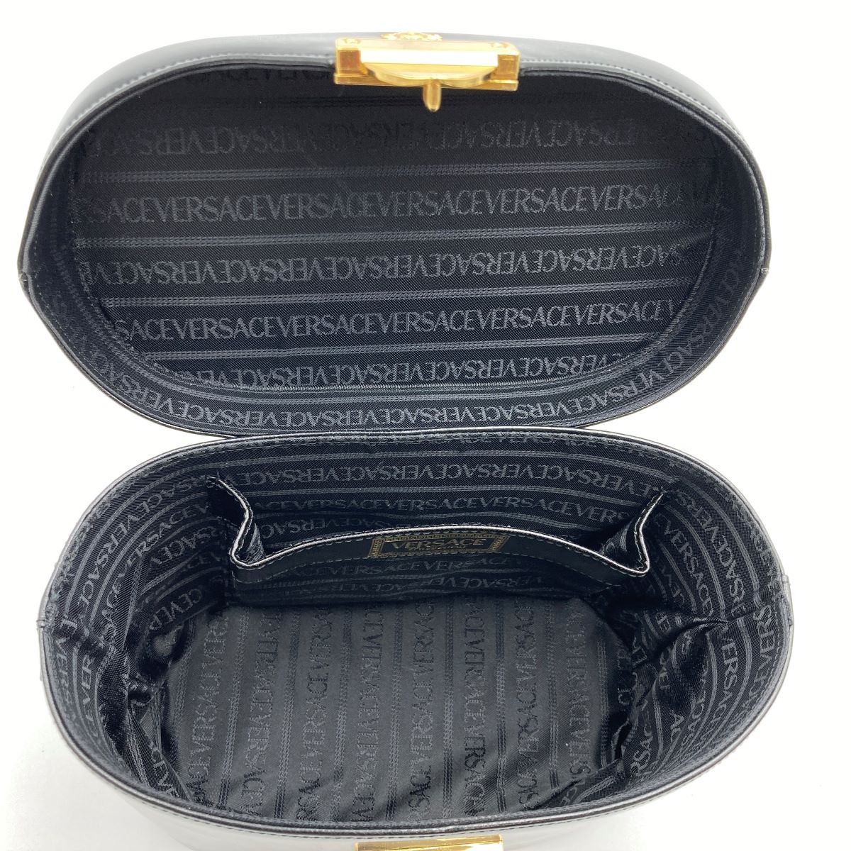 Beautiful VERSACE Vanity Bag, Makeup Case, Cosmetics, Black Leather with Gold Charm, Women's Fashion Accessory PRE-OWNED