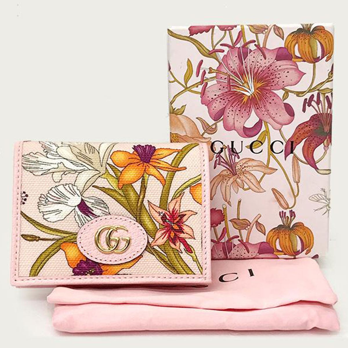 Gucci 577347 GG Marmont Flora Bi-fold Wallet Canvas/Leather Pink Pre-owned