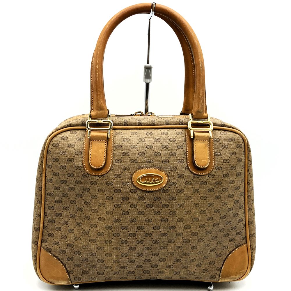 GUCCI Old Gucci Micro GG Handbag, Wide Opening, Vintage PVC/Leather, Beige/Brown PRE-OWNED