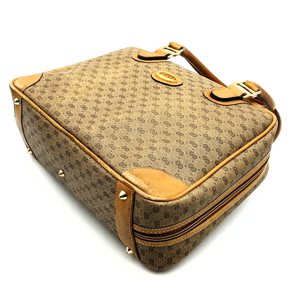 GUCCI Old Gucci Micro GG Handbag, Wide Opening, Vintage PVC/Leather, Beige/Brown PRE-OWNED