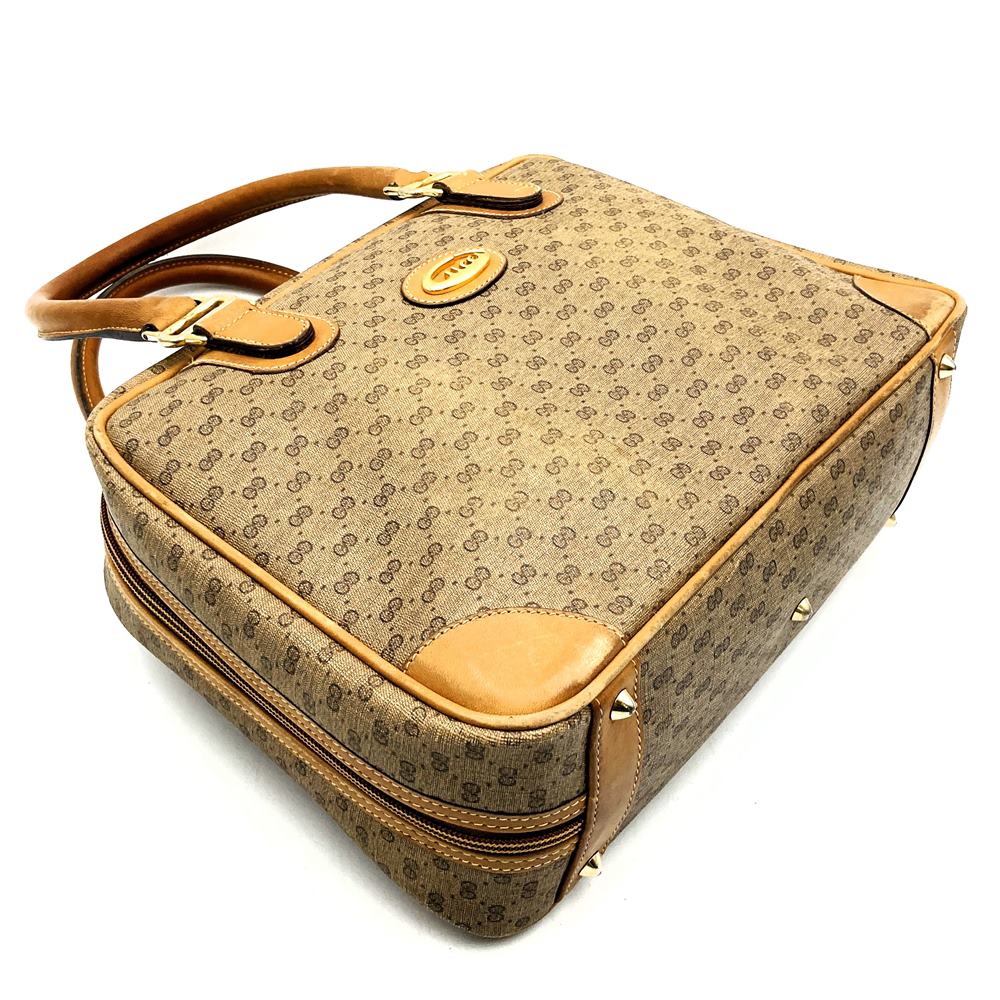 GUCCI Old Gucci Micro GG Handbag, Wide Opening, Vintage PVC/Leather, Beige/Brown PRE-OWNED