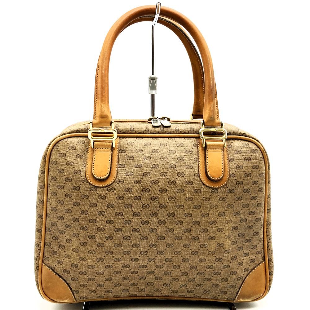 GUCCI Old Gucci Micro GG Handbag, Wide Opening, Vintage PVC/Leather, Beige/Brown PRE-OWNED