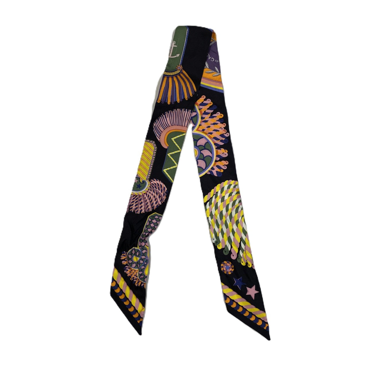 HERMES Twilly Scarf, EPAULETTES de GALA, Silk, Multicolor, Black, Women's, Brand Fashion, PRE-OWNED