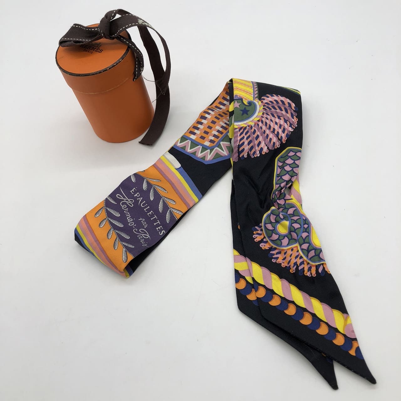 HERMES Twilly Scarf, EPAULETTES de GALA, Silk, Multicolor, Black, Women's, Brand Fashion, PRE-OWNED