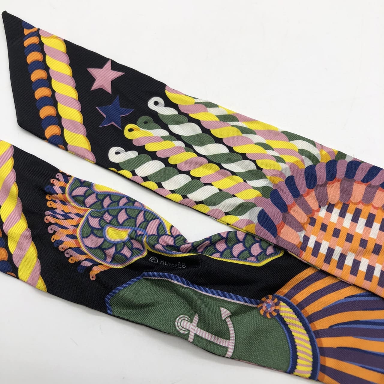 HERMES Twilly Scarf, EPAULETTES de GALA, Silk, Multicolor, Black, Women's, Brand Fashion, PRE-OWNED