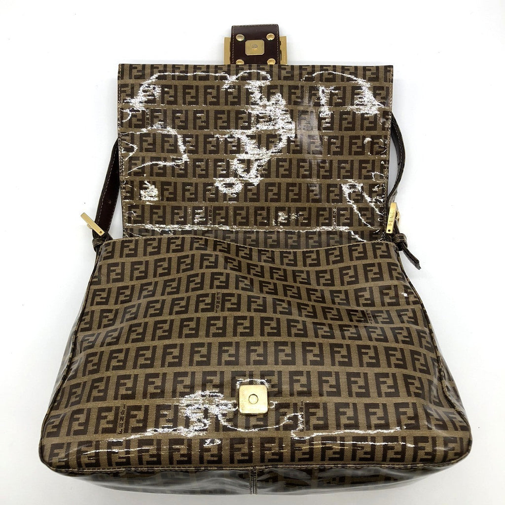 Fendi Mamma Baguette Shoulder Bag in Brown Vinyl/Leather with Zucchino Print PRE-OWNED