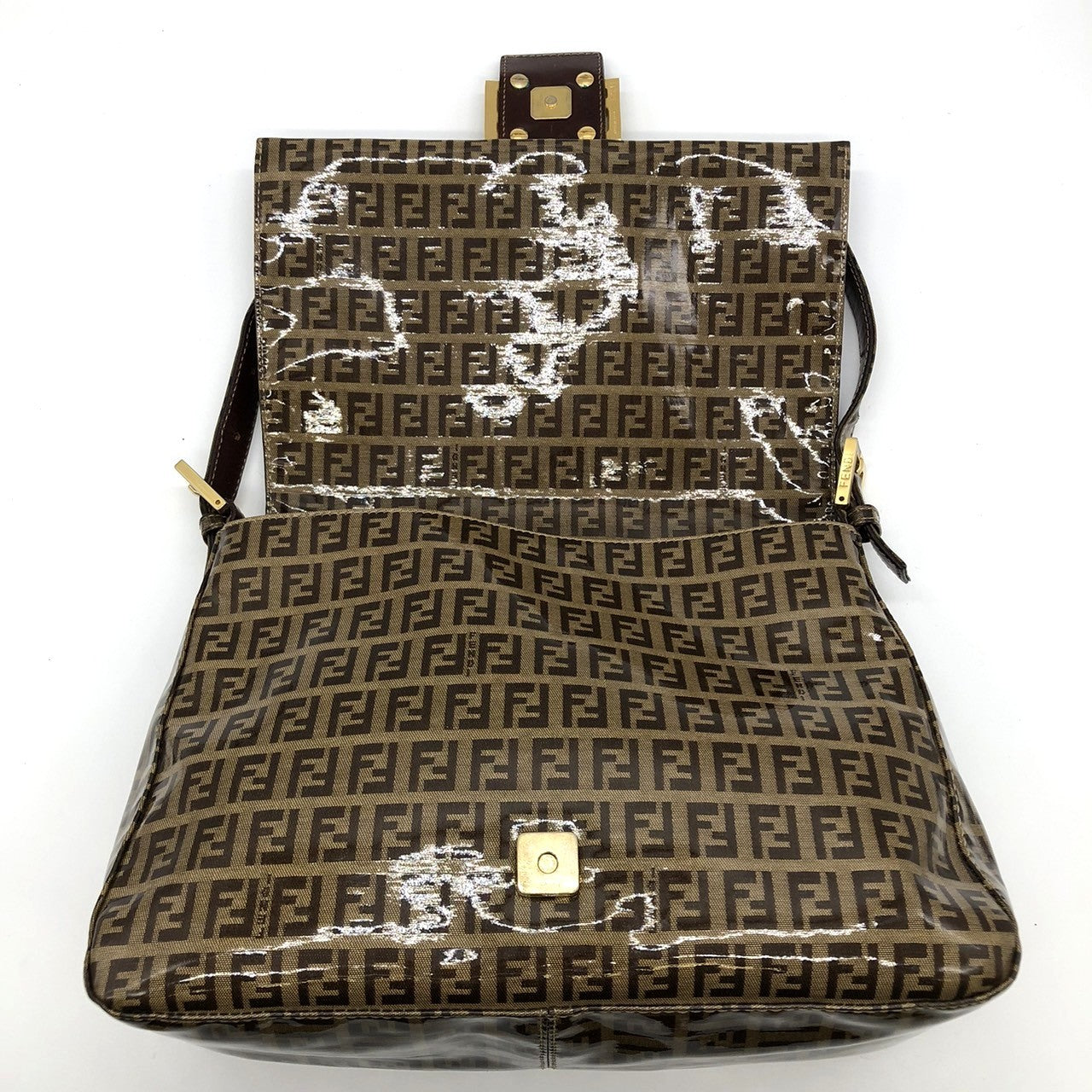 Fendi Mamma Baguette Shoulder Bag in Brown Vinyl/Leather with Zucchino Print PRE-OWNED