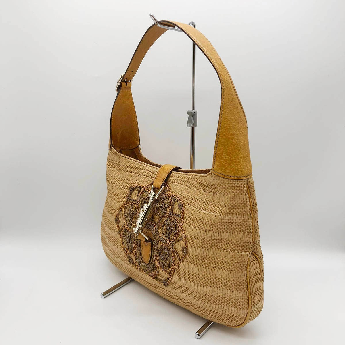[CLEARANCE]Gucci 140040 New Jackie One-Shoulder Bag, Embroidered Straw Leather, Yellow, Beige, Orange PRE-OWNED
