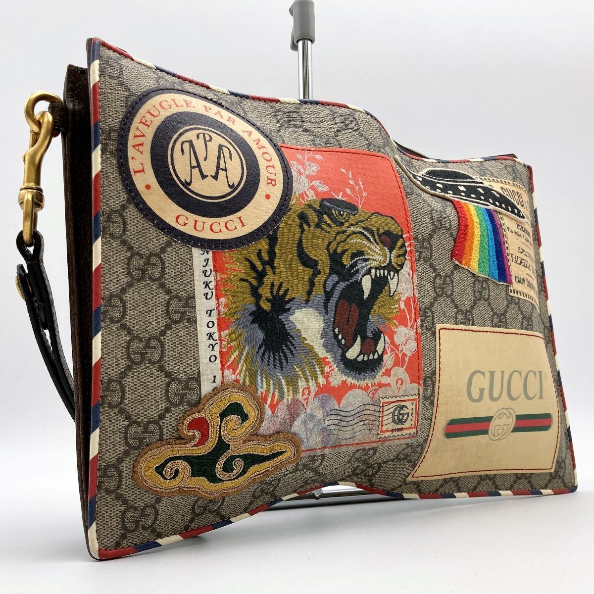 Gucci 473915 Courier Clutch Bag with GG Supreme Multi-Patch PVC in Multicolor PRE-OWNED