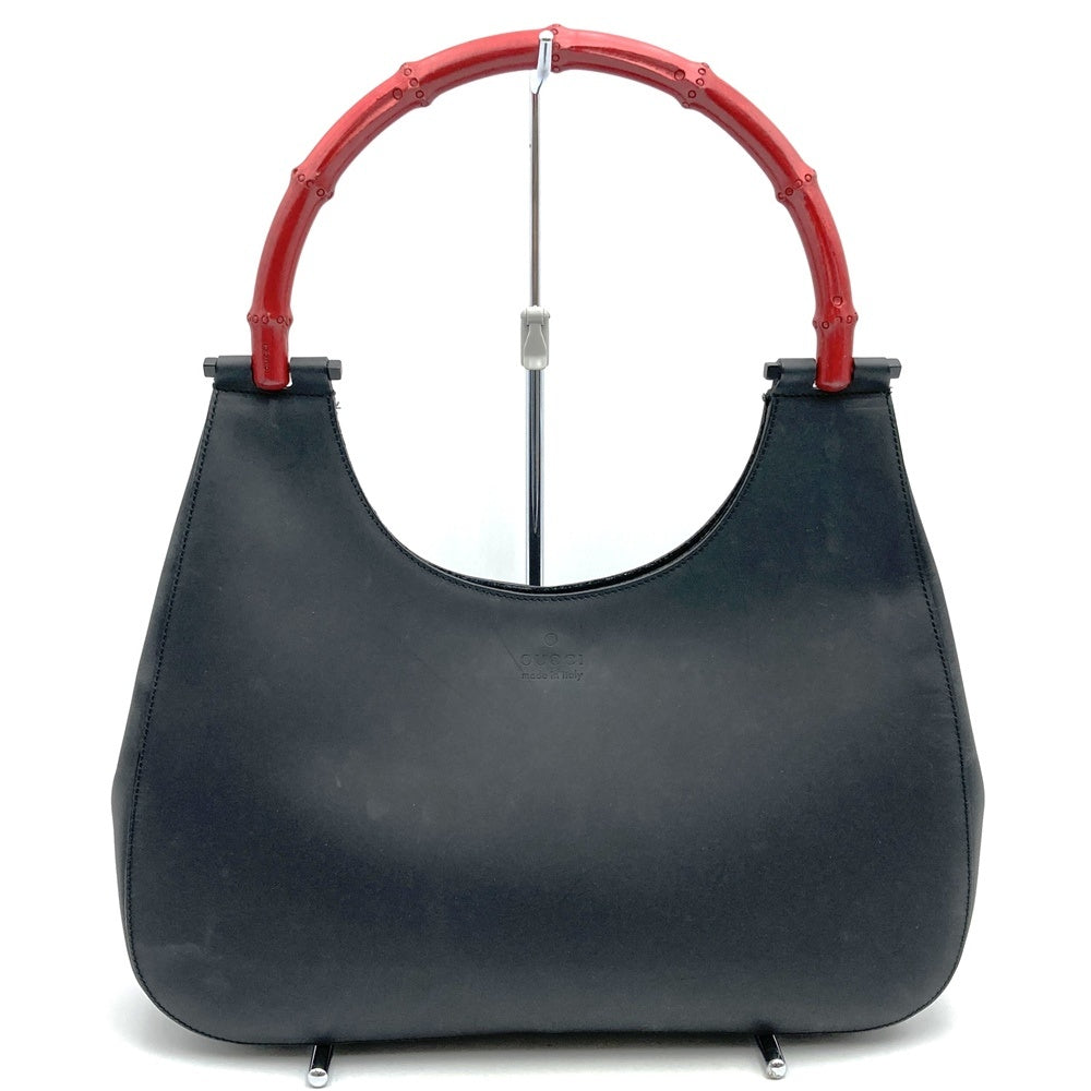 Gucci 001 3739 Bamboo Shoulder Bag Leather Black/Red Pre-owned