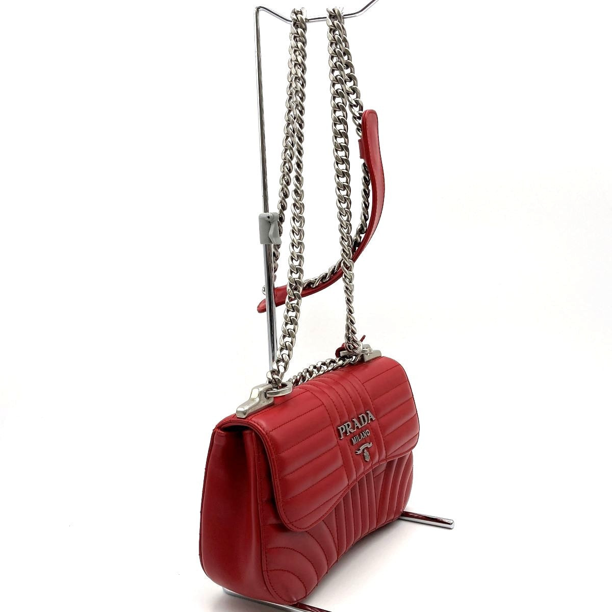 [CLEARANCE]Prada Diagram Chain Shoulder Bag in Red Leather with Mini Pouch (Mirror) PRE-OWNED