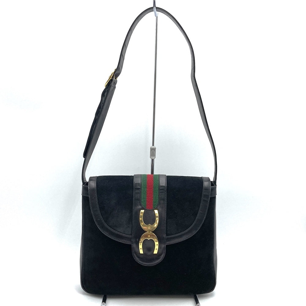 Gucci Horseshoe Shoulder Bag Suede/Leather Black Pre-owned