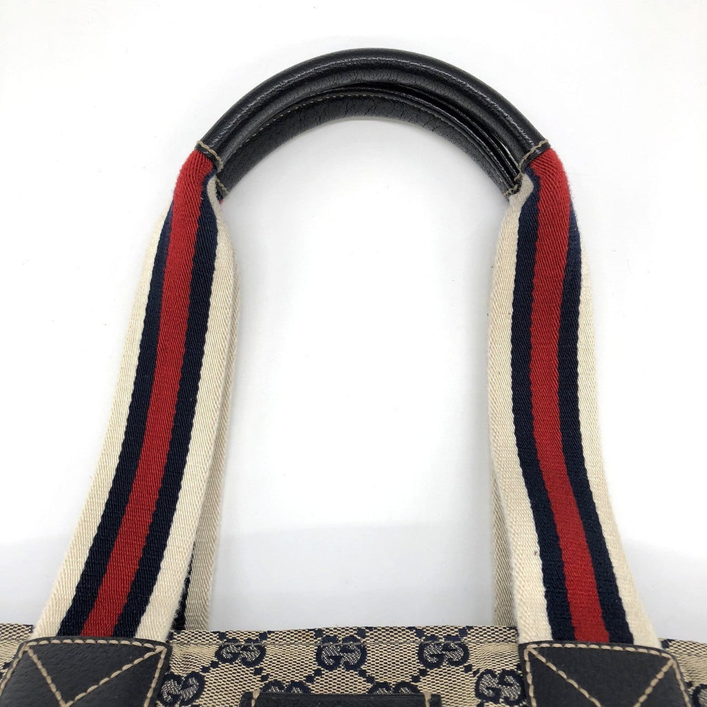 Gucci 131230 Tote Bag Navy Blue GG Canvas/Leather Sherry Line PRE-OWNED