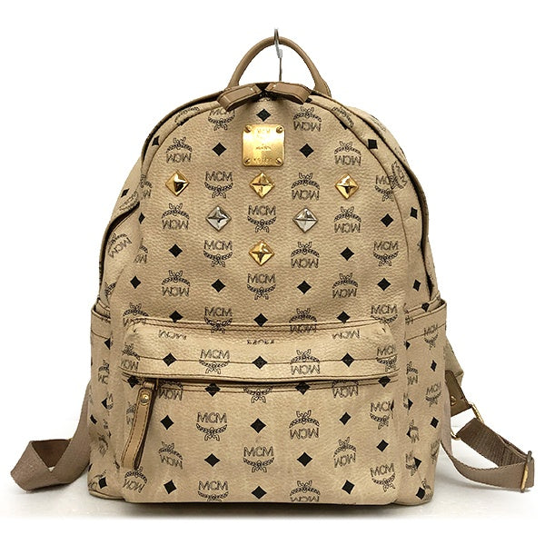 MCM Studded Backpack/Daypack Visetos Leather Beige Pre-owned