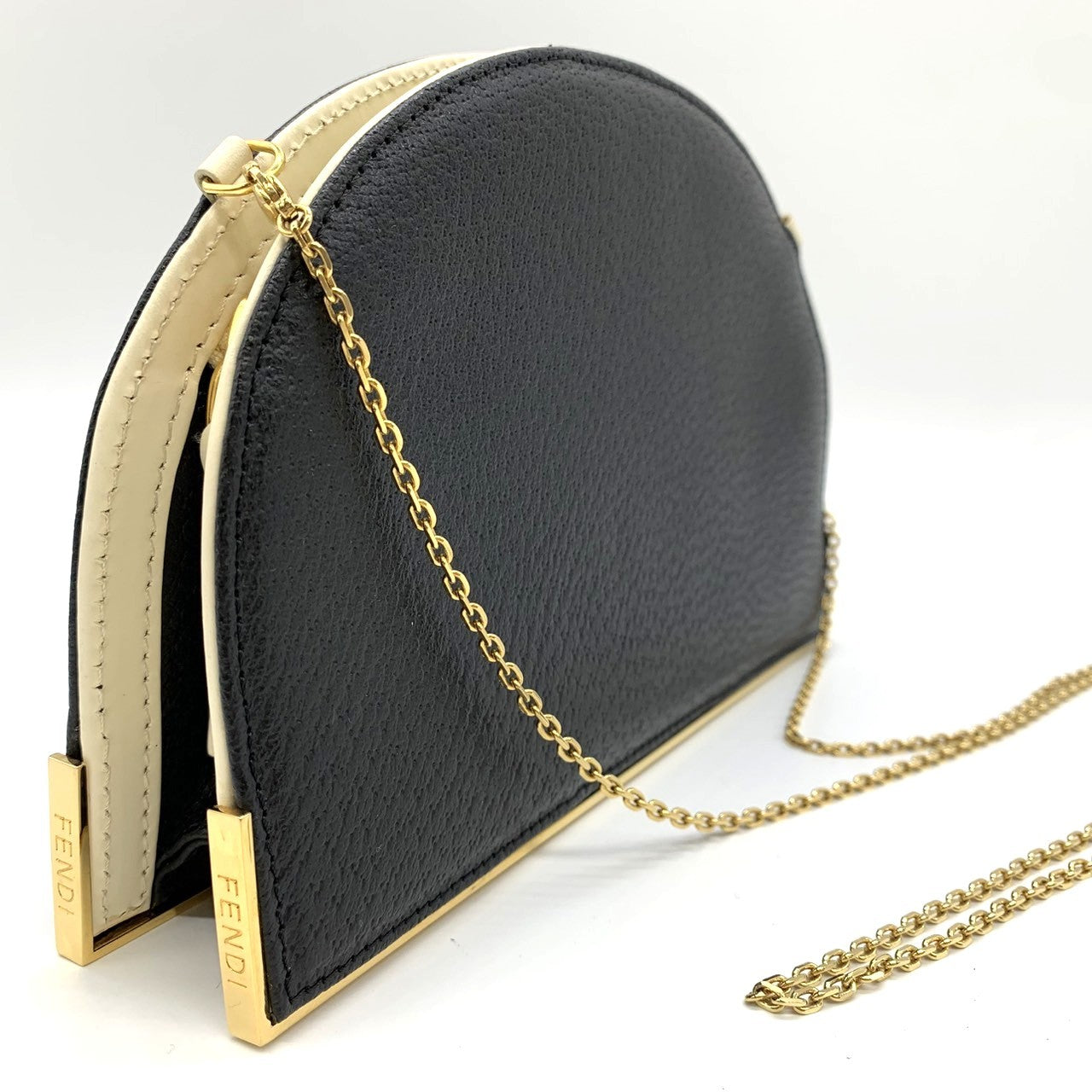 Fendi 2321 26814 Half Moon Mini Chain Crossbody/Shoulder Bag Leather Black/White Pre-owned