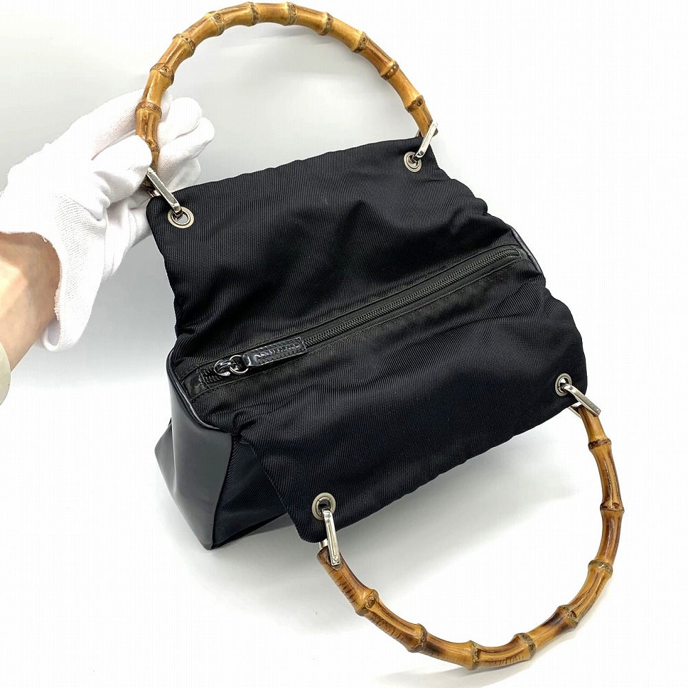 GUCCI 000・1014 Bamboo Handbag, Black Nylon PRE-OWNED