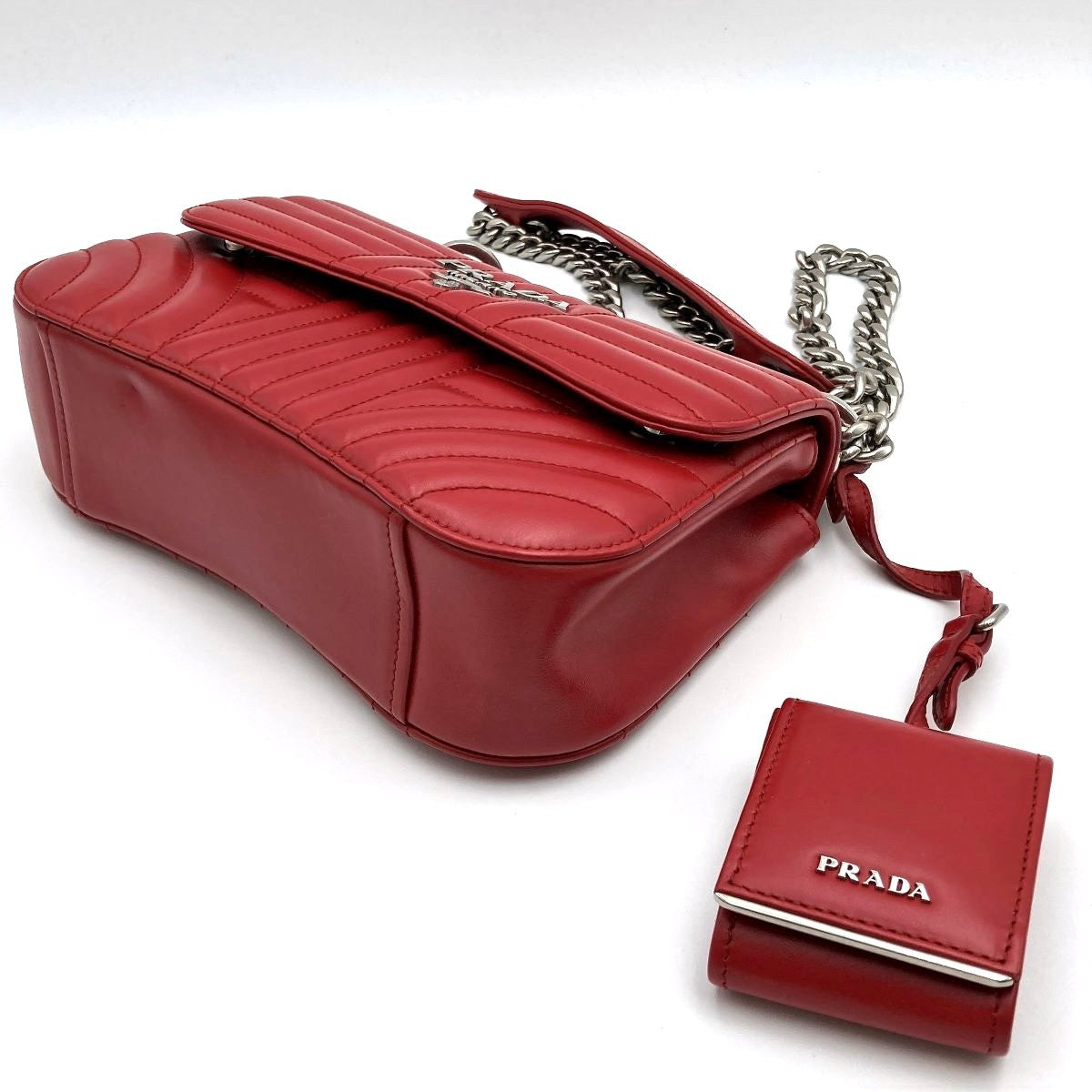 [CLEARANCE]Prada Diagram Chain Shoulder Bag in Red Leather with Mini Pouch (Mirror) PRE-OWNED