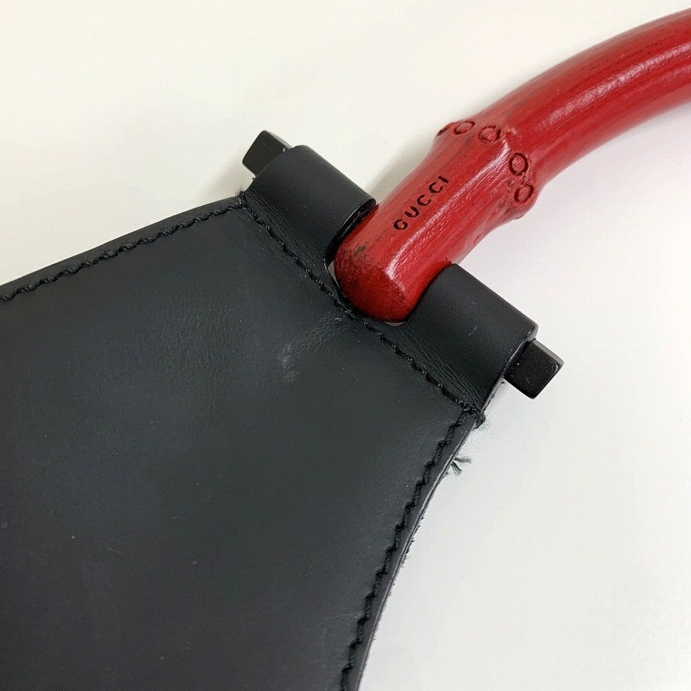 Gucci 001 3739 Bamboo Shoulder Bag Leather Black/Red Pre-owned