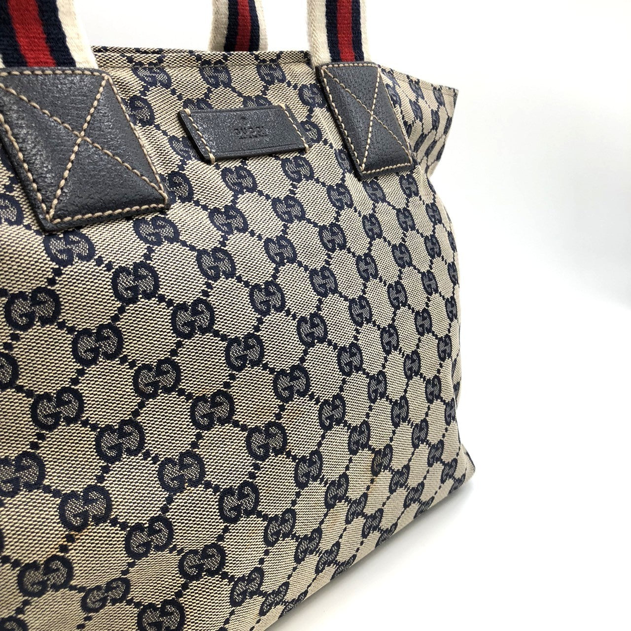 Gucci 131230 Tote Bag Navy Blue GG Canvas/Leather Sherry Line PRE-OWNED