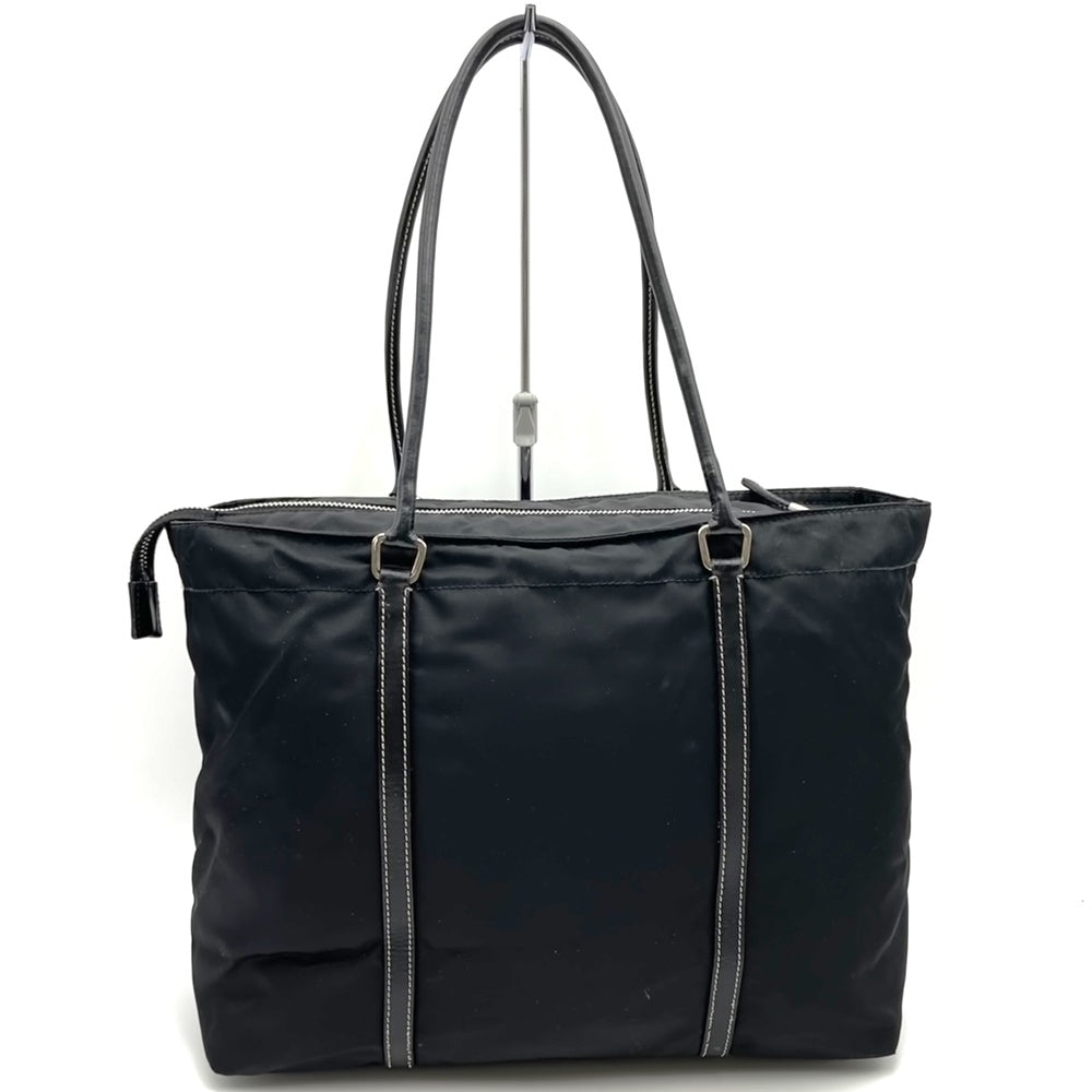 Prada handbag tote bag with triangle logo in nylon/leather, black PRE-OWNED