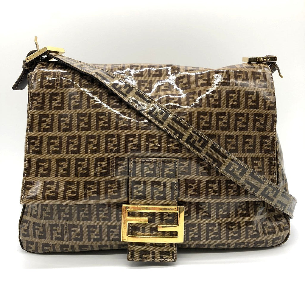 Fendi Mamma Baguette Shoulder Bag in Brown Vinyl/Leather with Zucchino Print PRE-OWNED