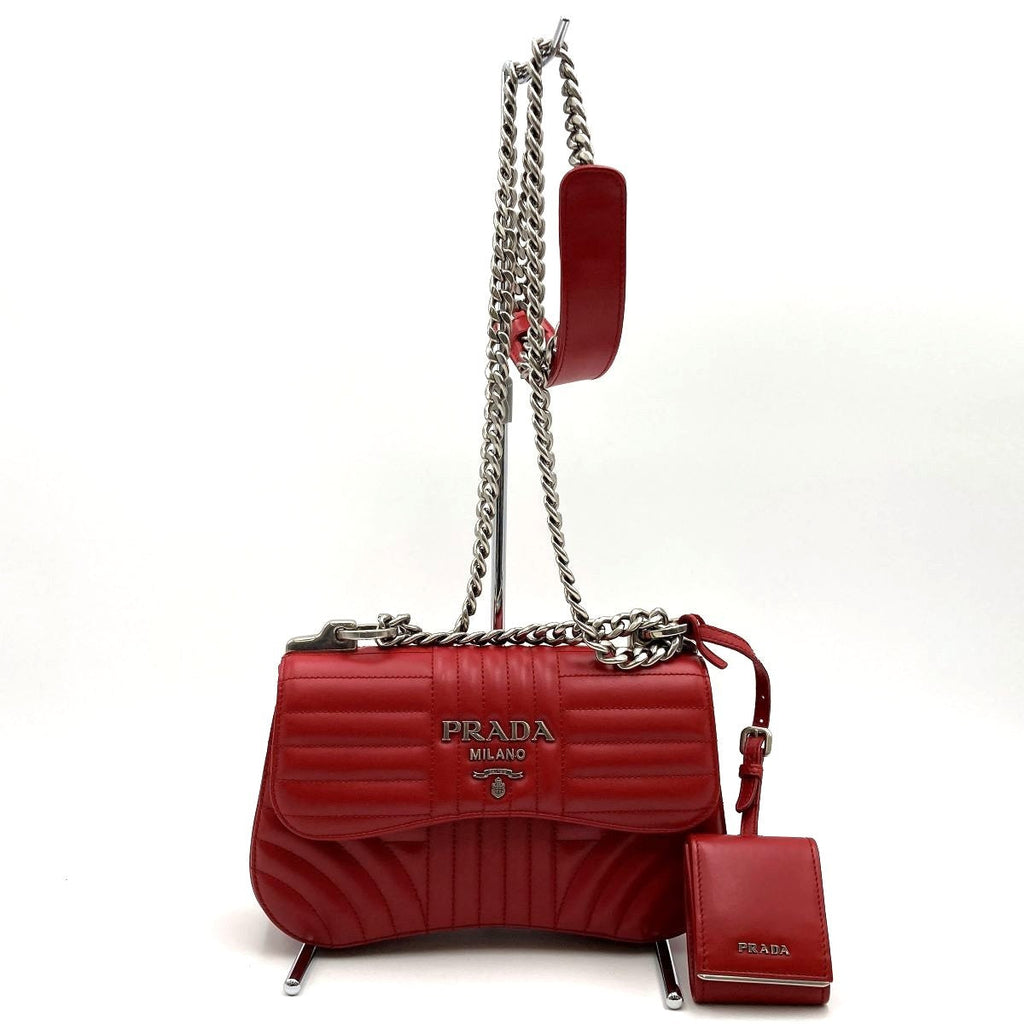 [CLEARANCE]Prada Diagram Chain Shoulder Bag in Red Leather with Mini Pouch (Mirror) PRE-OWNED