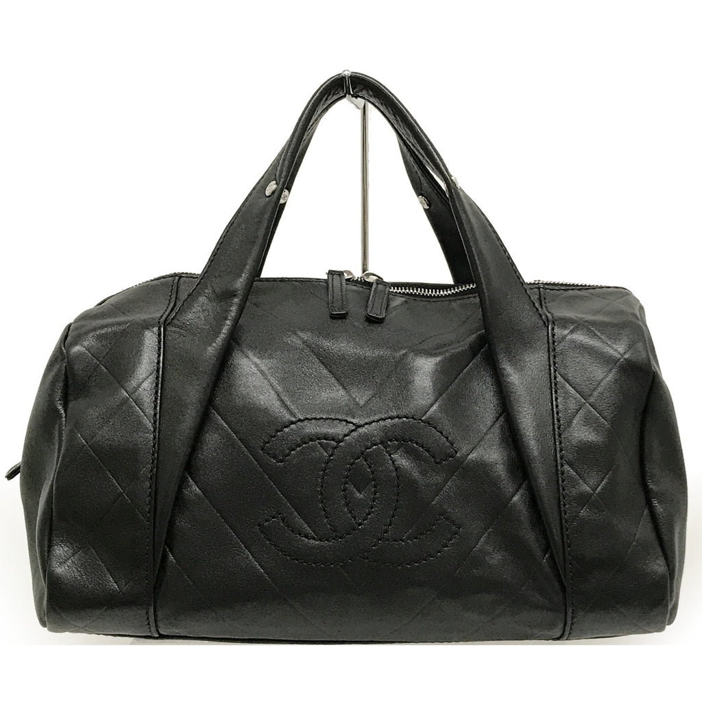 Chanel Chevron Coco Mark Mini Boston Handbag Leather Black Pre-owned