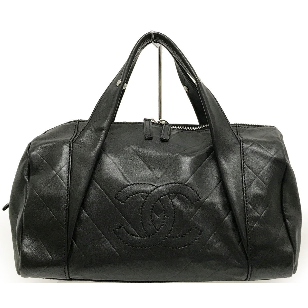 Chanel Chevron Coco Mark Mini Boston Handbag Leather Black Pre-owned