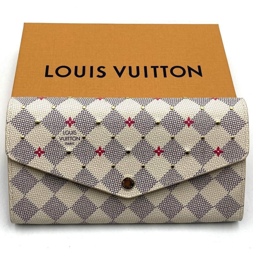 Louis Vuitton N45296 Portefeuille Sarah Bi-fold Long Wallet Damier Azur Canvas Beige/Pink Pre-owned
