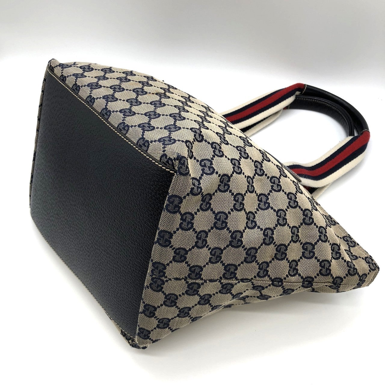 Gucci 131230 Tote Bag Navy Blue GG Canvas/Leather Sherry Line PRE-OWNED
