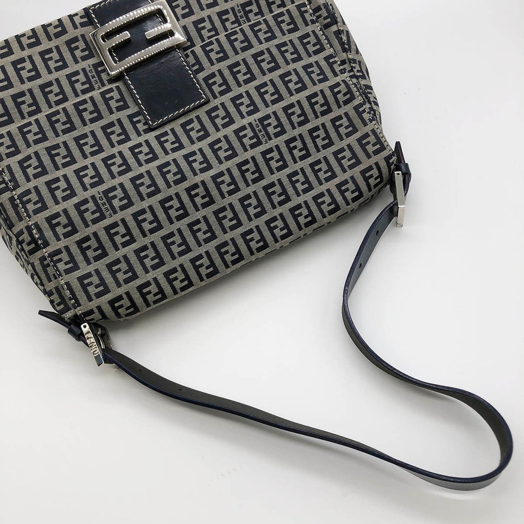 Fendi Zucchino Mamma Bucket Canvas Shoulder Bag in Navy PRE-OWNED