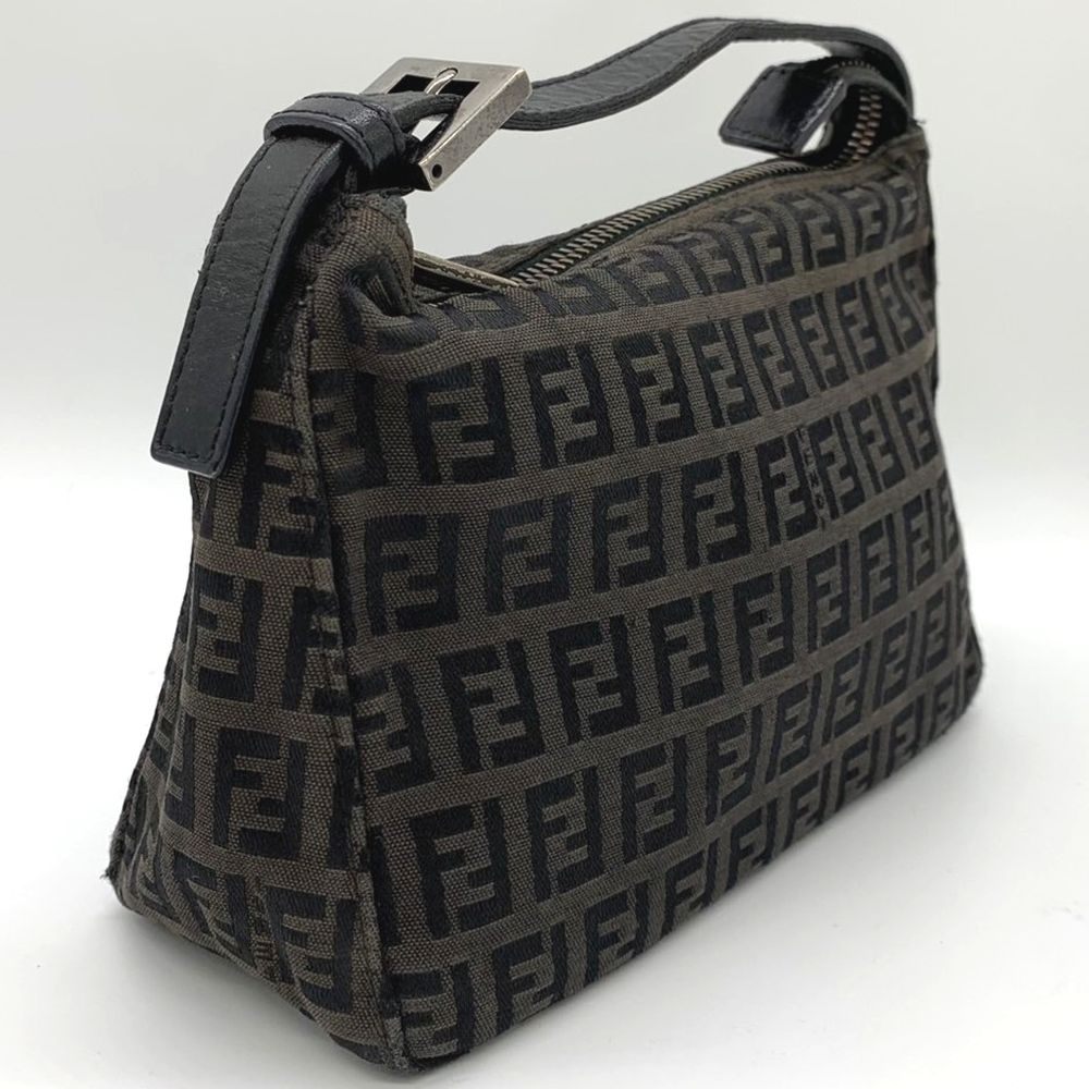 Fendi Zucchino Mini Bag Handbag Canvas Leather Brown Black PRE-OWNED