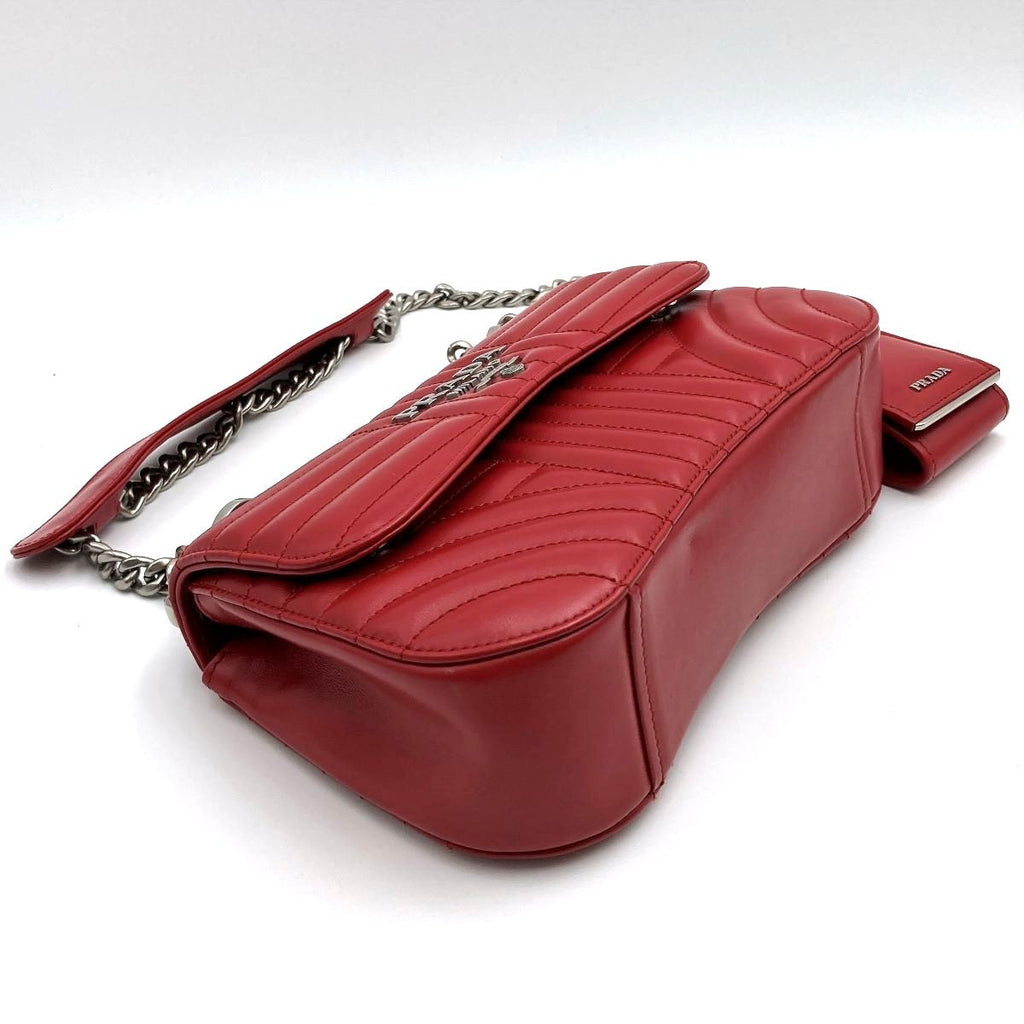 [CLEARANCE]Prada Diagram Chain Shoulder Bag in Red Leather with Mini Pouch (Mirror) PRE-OWNED