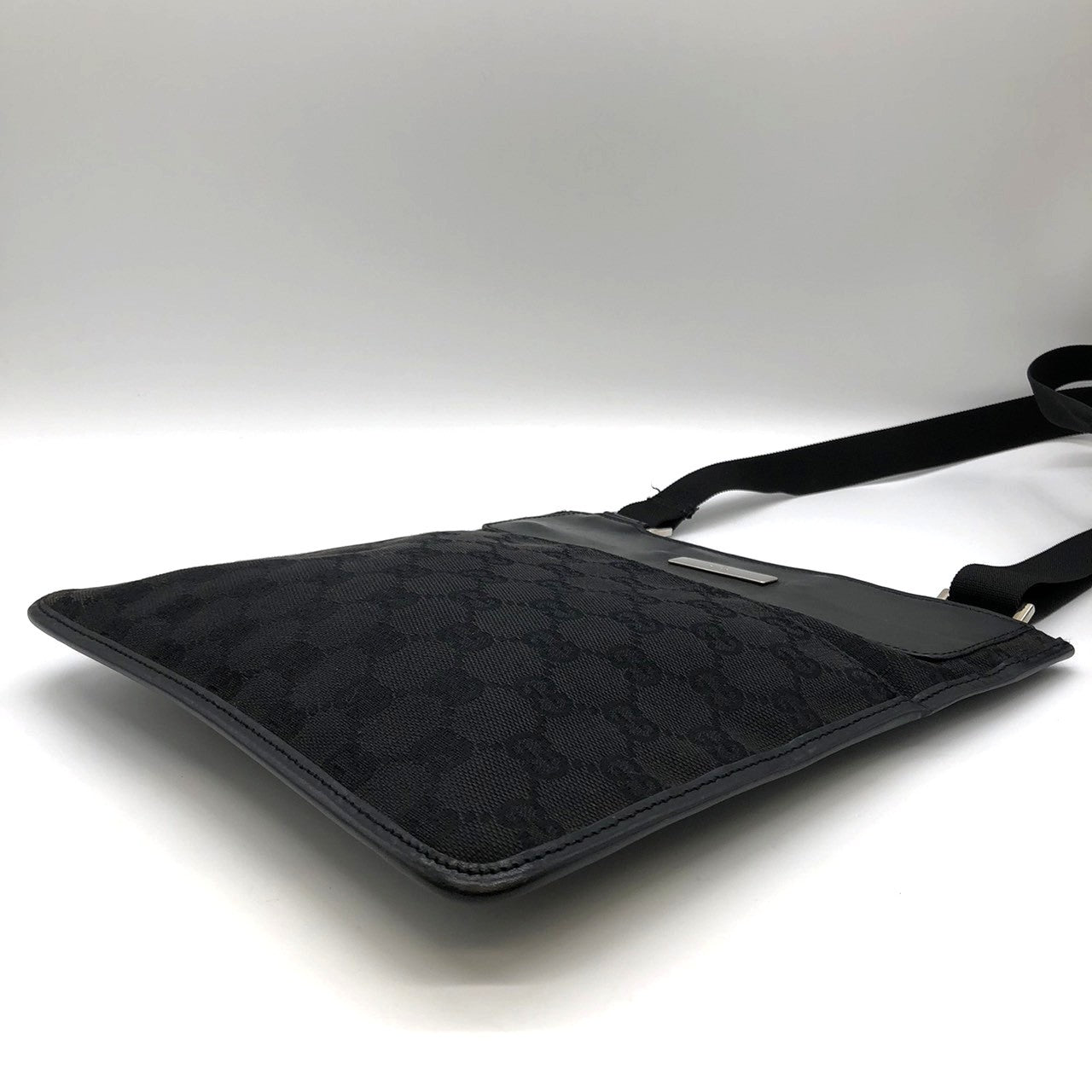 Gucci 27639 Slim Shoulder Bag, Crossbody, Black GG Canvas/Leather PRE-OWNED