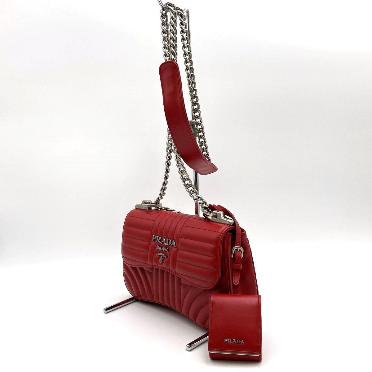 [CLEARANCE]Prada Diagram Chain Shoulder Bag in Red Leather with Mini Pouch (Mirror) PRE-OWNED