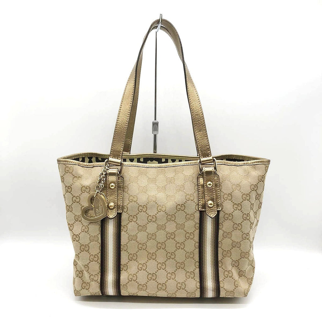 Gucci 137396 Heart Charm Tote Bag GG Canvas Brown/Gold Pre-owned