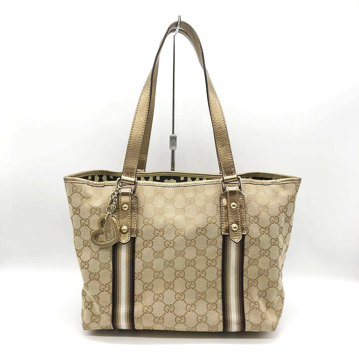 Gucci 137396 Heart Charm Tote Bag GG Canvas Brown/Gold Pre-owned