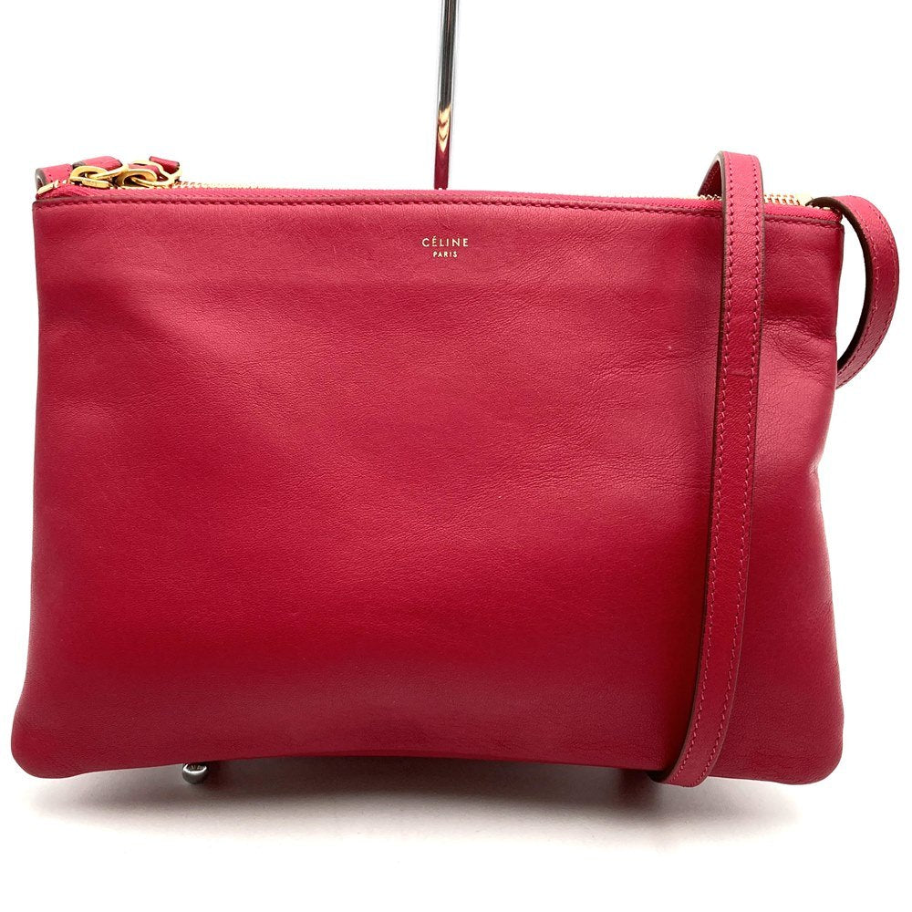 Celine Trio Shoulder Bag 0154, Crossbody, Dark Pink and Red Leather, High-End Brand PRE-OWNED