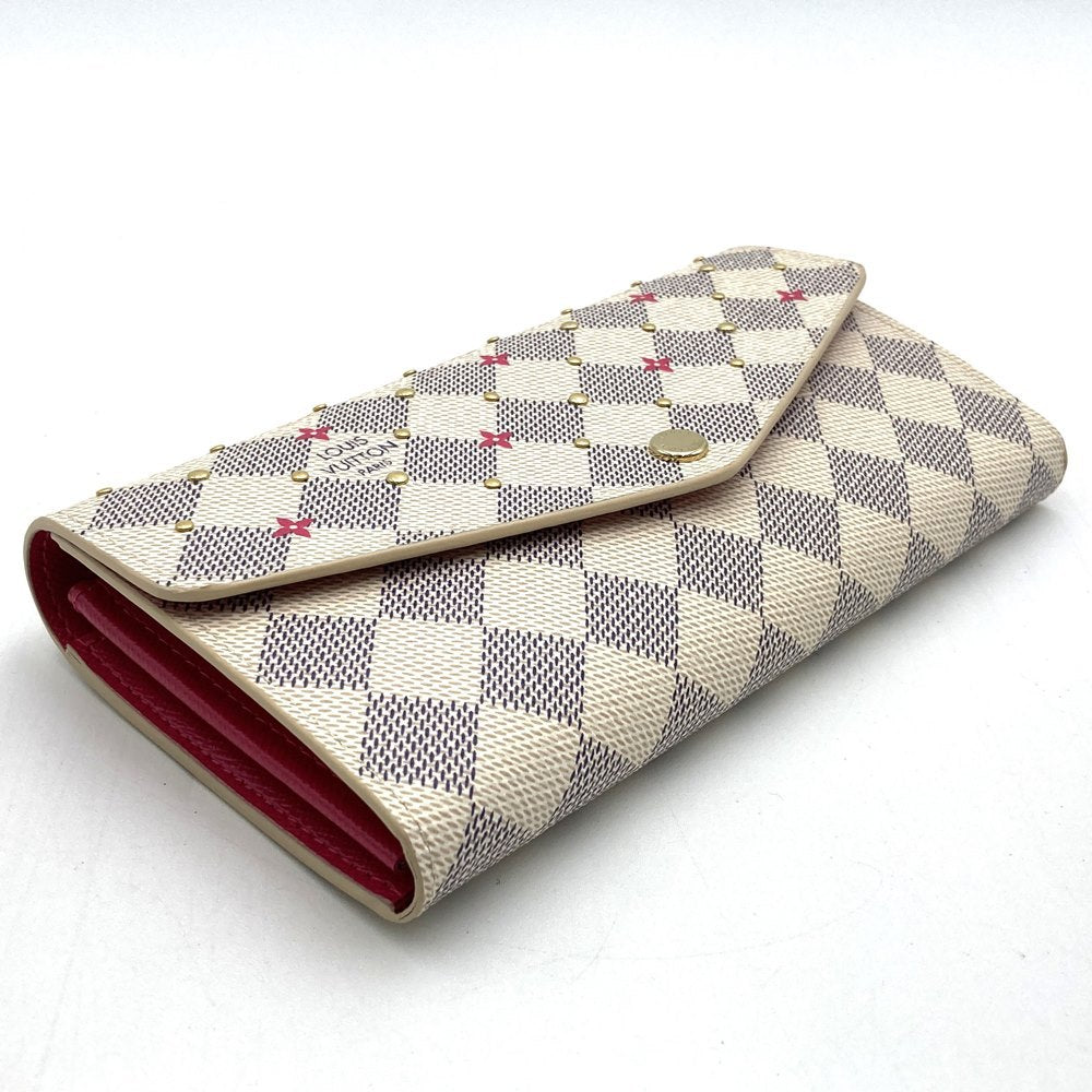 Louis Vuitton N45296 Portefeuille Sarah Bi-fold Long Wallet Damier Azur Canvas Beige/Pink Pre-owned