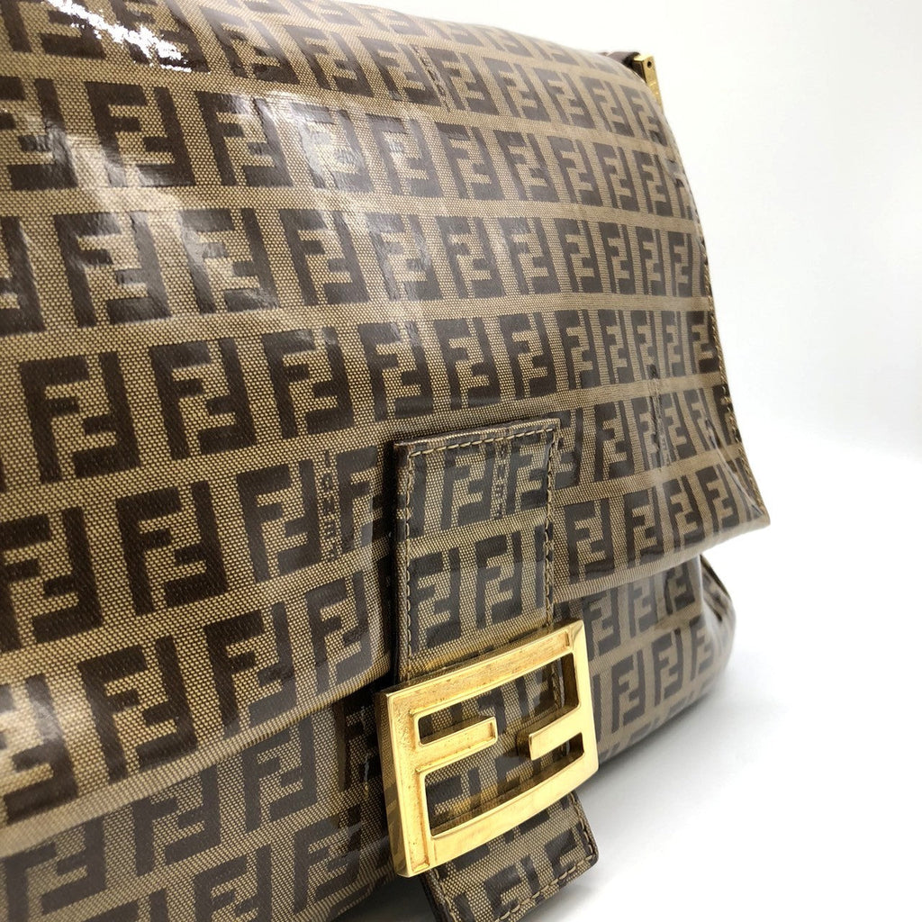 Fendi Mamma Baguette Shoulder Bag in Brown Vinyl/Leather with Zucchino Print PRE-OWNED