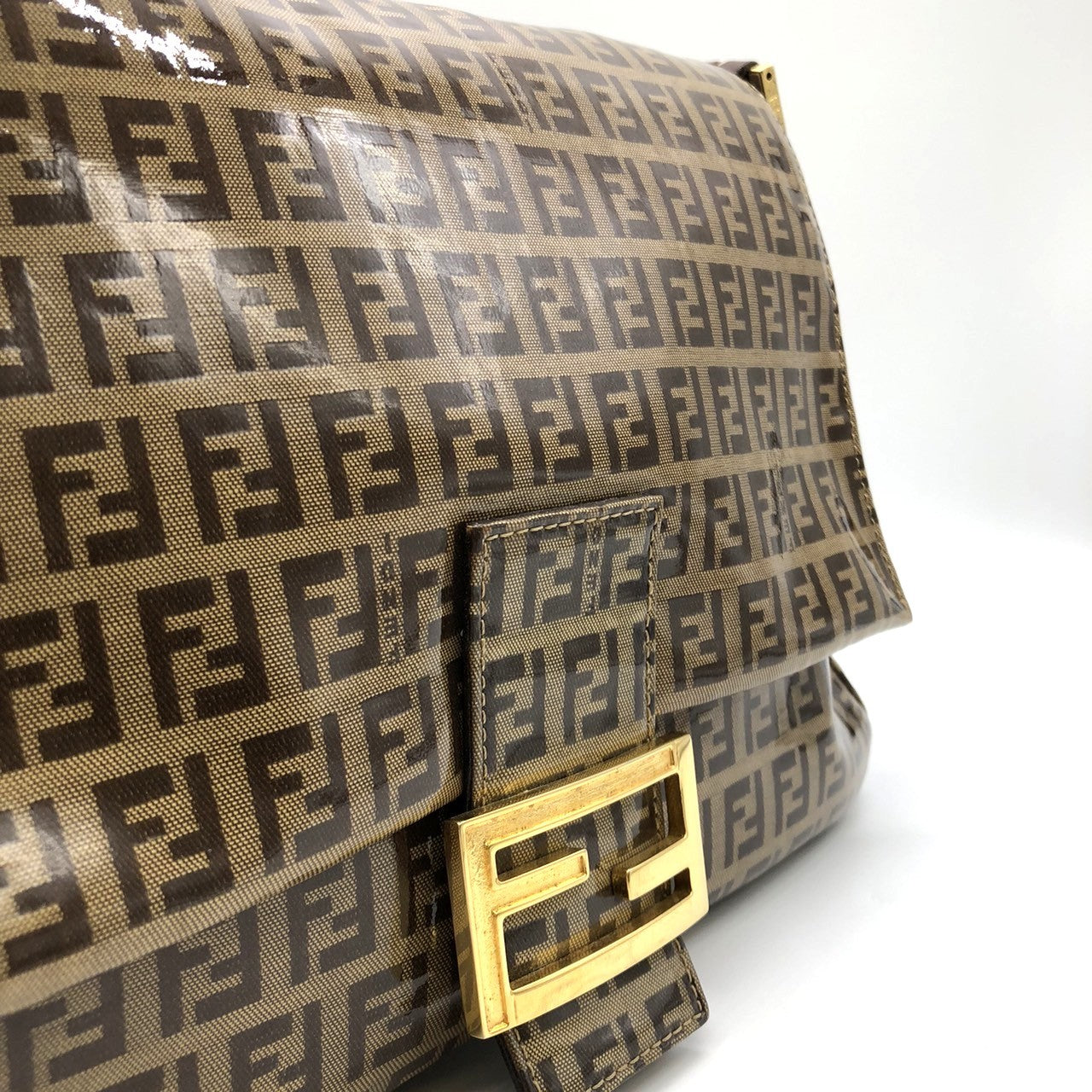 Fendi Mamma Baguette Shoulder Bag in Brown Vinyl/Leather with Zucchino Print PRE-OWNED