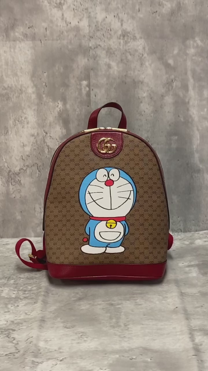 Gucci 647816 Doraemon Mini Backpack GG Supreme PVC/Leather Brown/Red Pre-owned