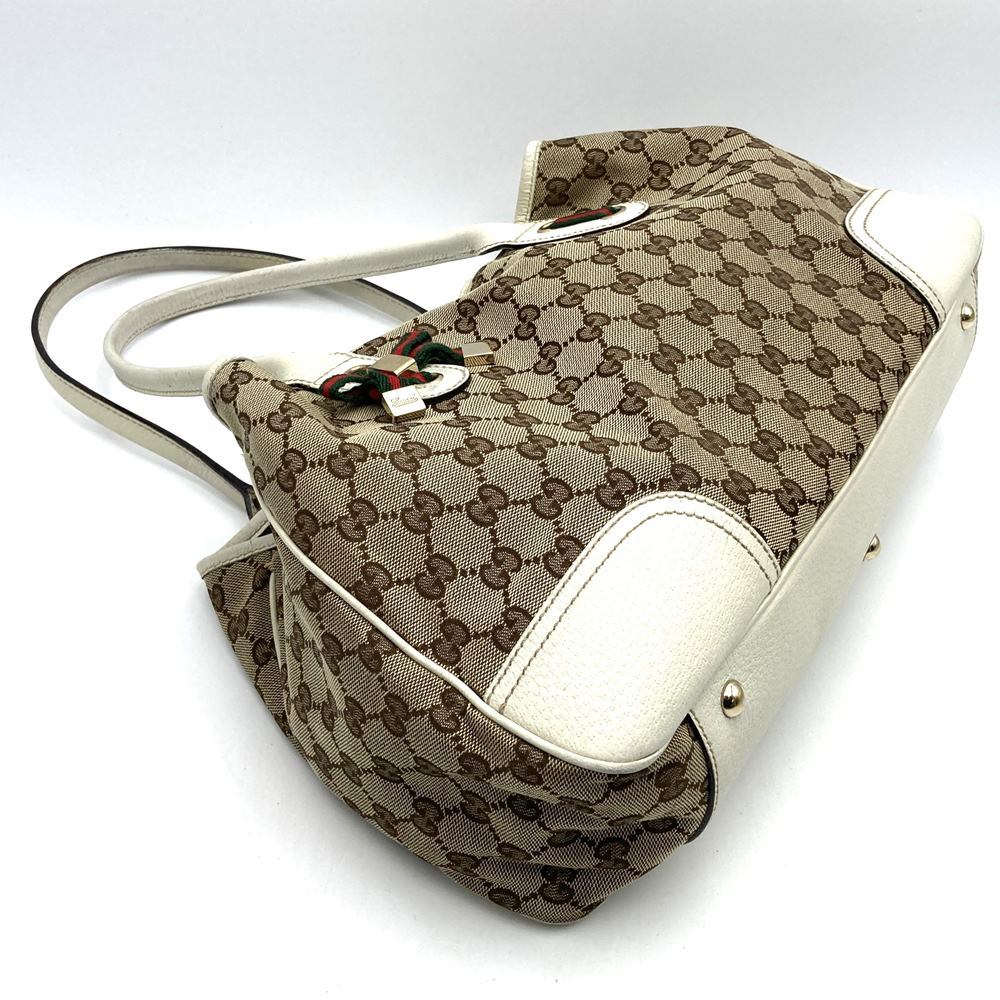 Gucci Princess 163805 Tote Bag, Sherry Line, Horizontal Shoulder Bag, GG Canvas, Brown/White PRE-OWNED