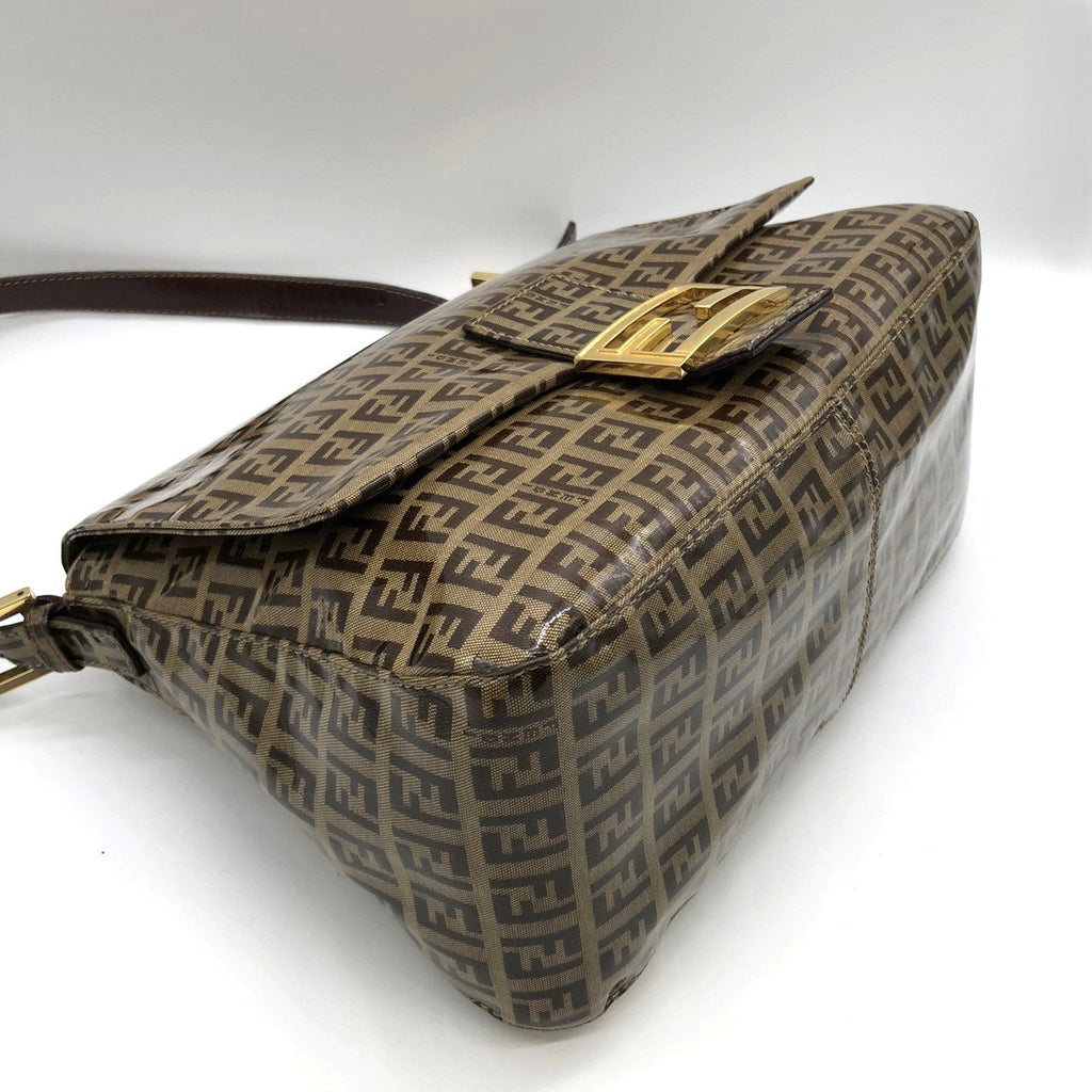 Fendi Mamma Baguette Shoulder Bag in Brown Vinyl/Leather with Zucchino Print PRE-OWNED