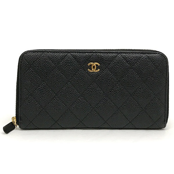 Chanel Matelassé Coco Mark Round Zip Long Wallet Caviar Leather Black Pre-owned