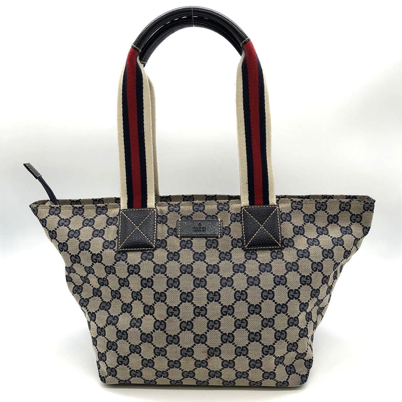 Gucci 131230 Tote Bag Navy Blue GG Canvas/Leather Sherry Line PRE-OWNED