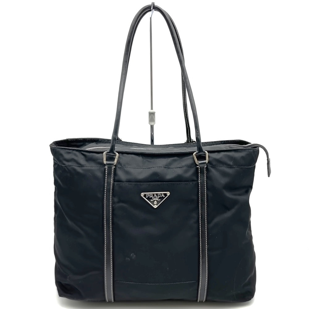Prada handbag tote bag with triangle logo in nylon/leather, black PRE-OWNED