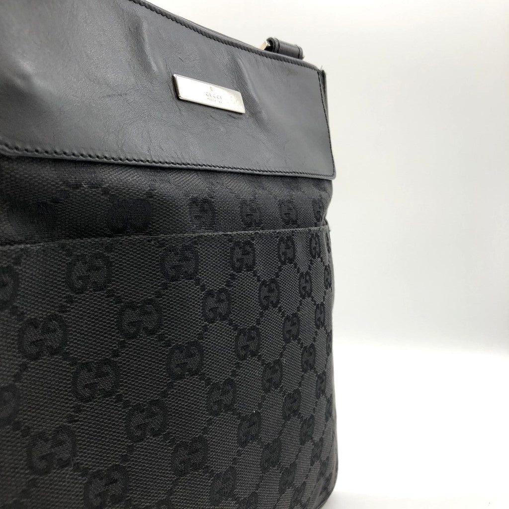 Gucci 27639 Slim Shoulder Bag, Crossbody, Black GG Canvas/Leather PRE-OWNED